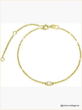 14K Solid Gold Thin CZ Bracelet Women Real Gold Delicate 6.5+2 inch Extender